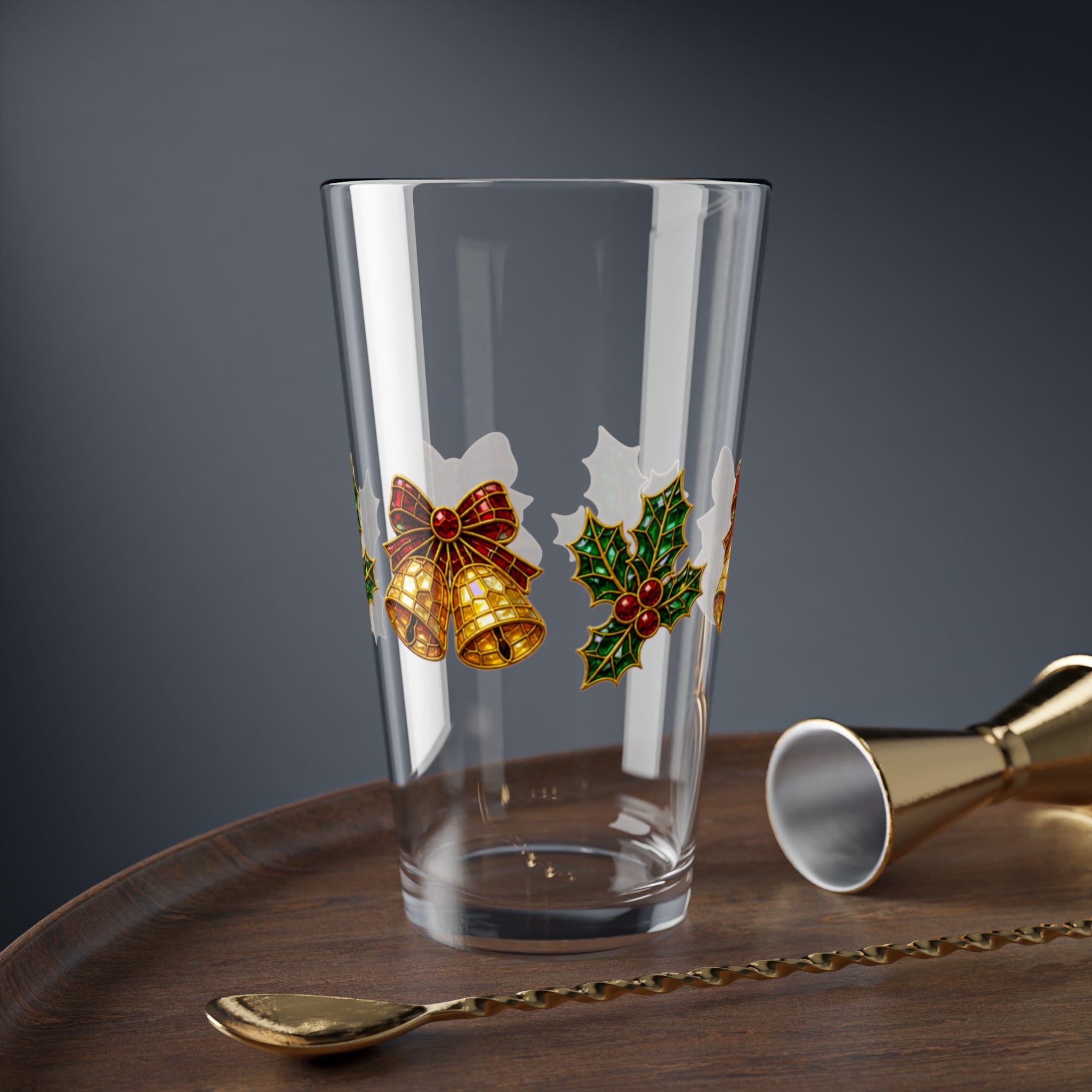Christmas Bells & Holly Mixing Glass — 16 oz Holiday Cocktail Glass - Image 5