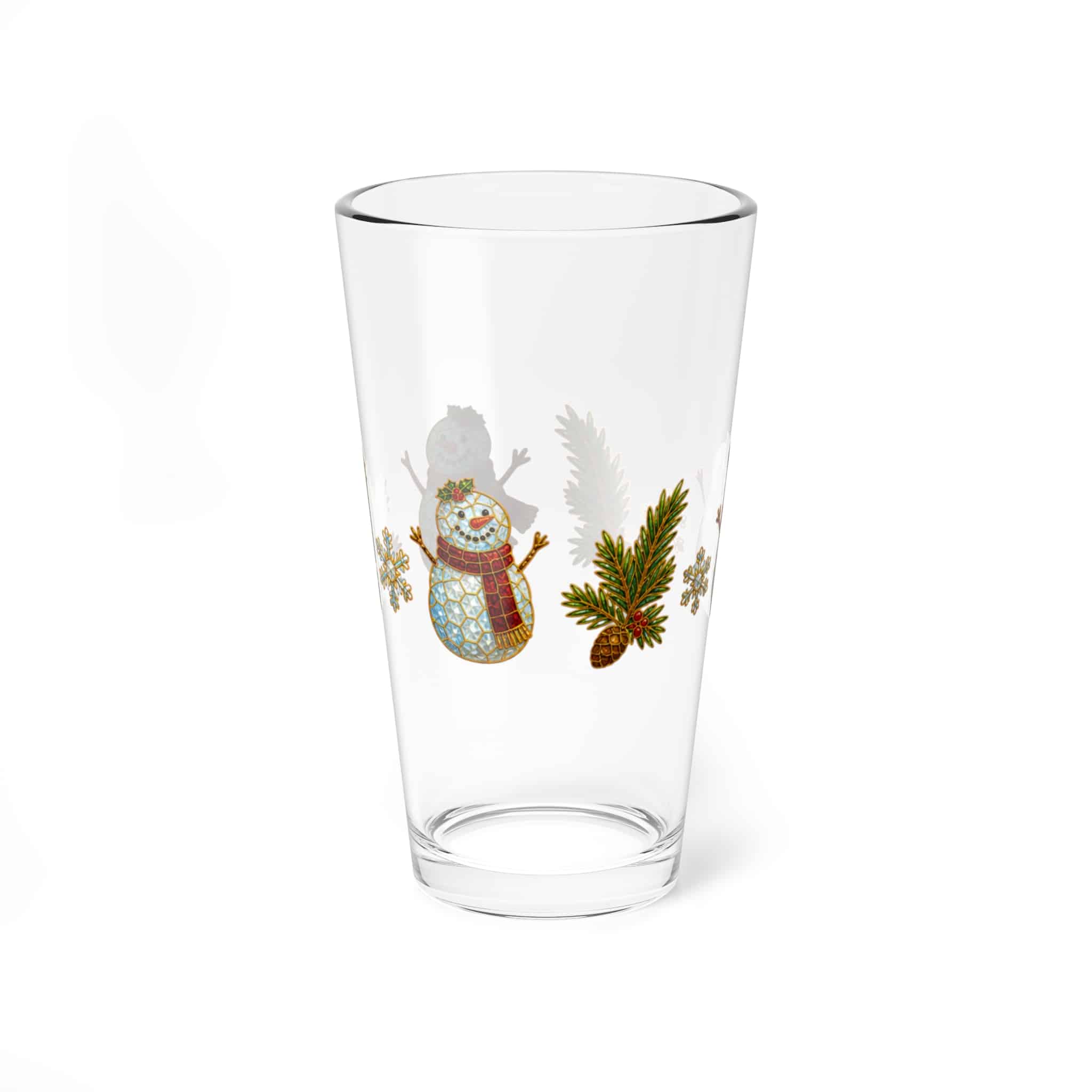 16 oz Christmas mixing glass with a snowman and pine sprigs, shown on a white background