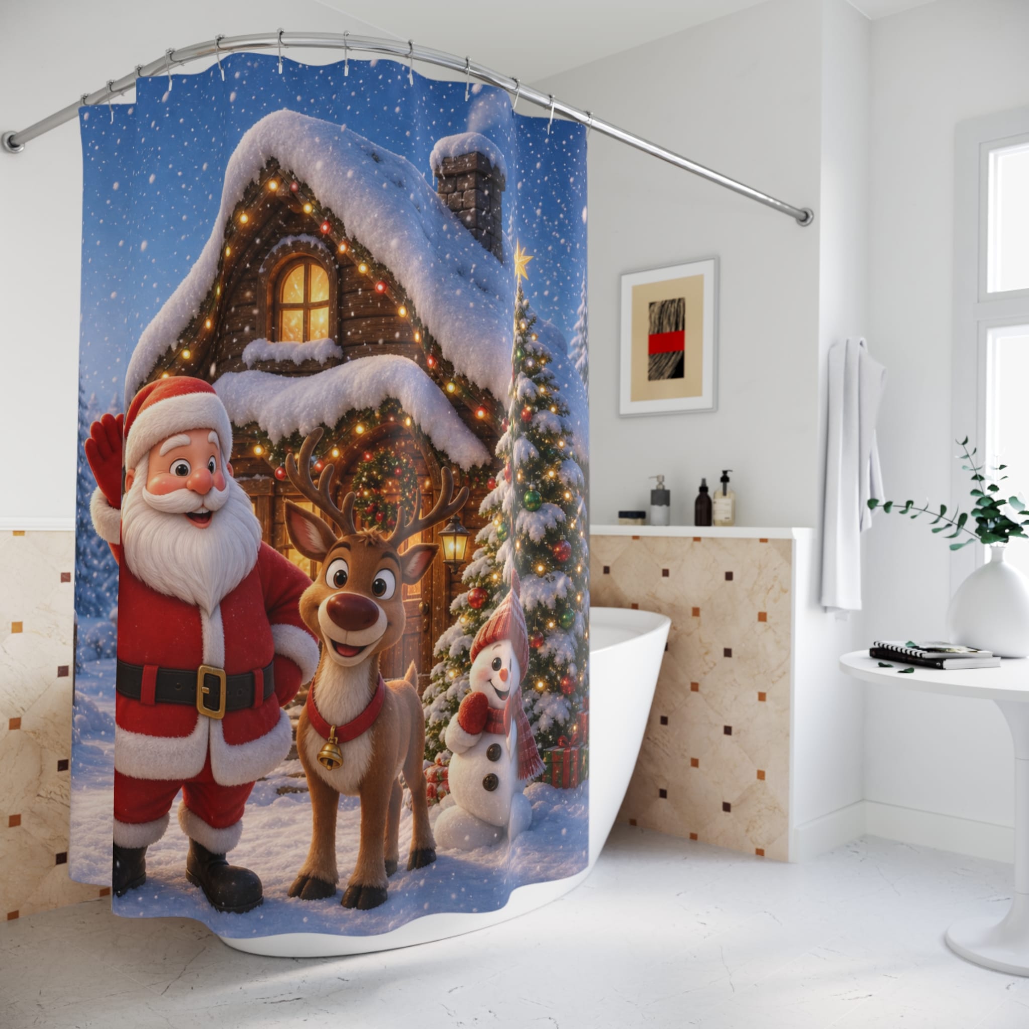 Christmas Santa & Reindeer Shower Curtain — Holiday Snowy Cabin Bathroom Decor - Image 4