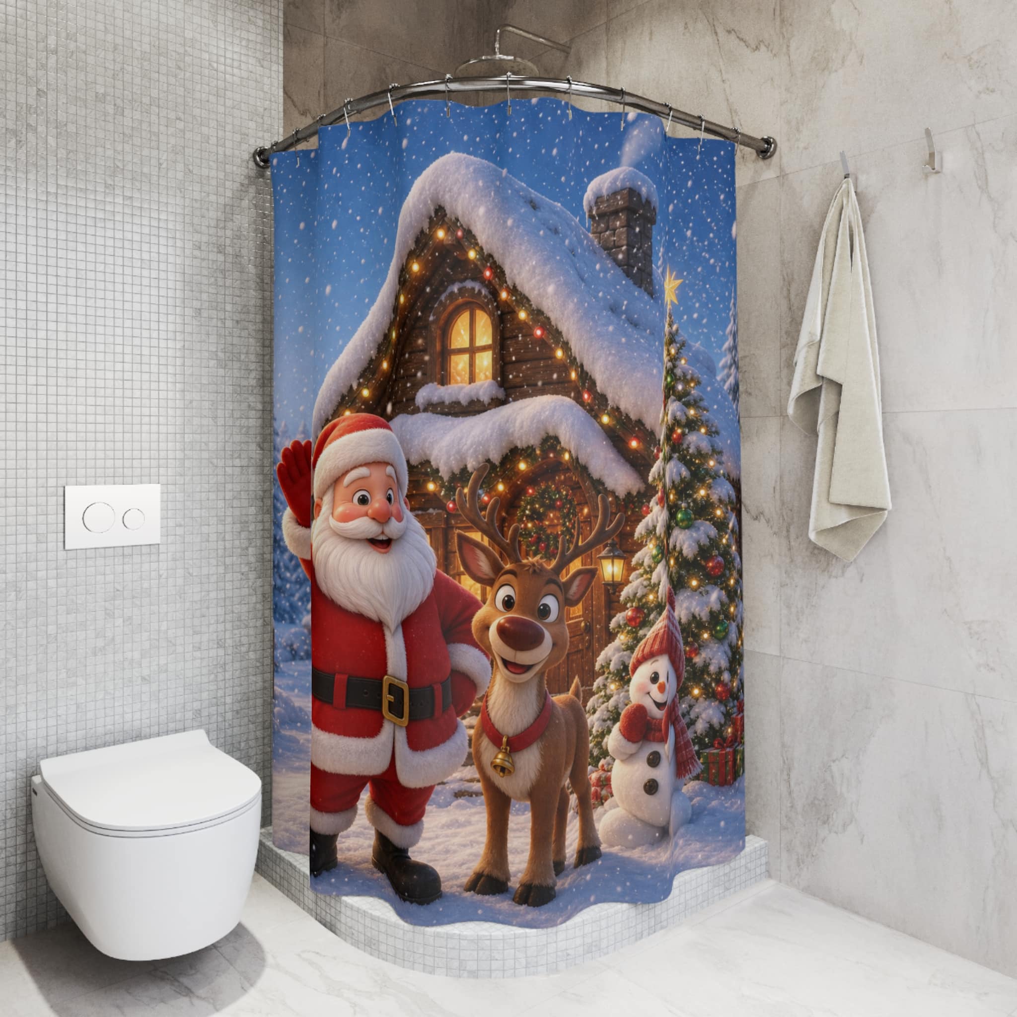 Christmas Santa & Reindeer Shower Curtain — Holiday Snowy Cabin Bathroom Decor - Image 5