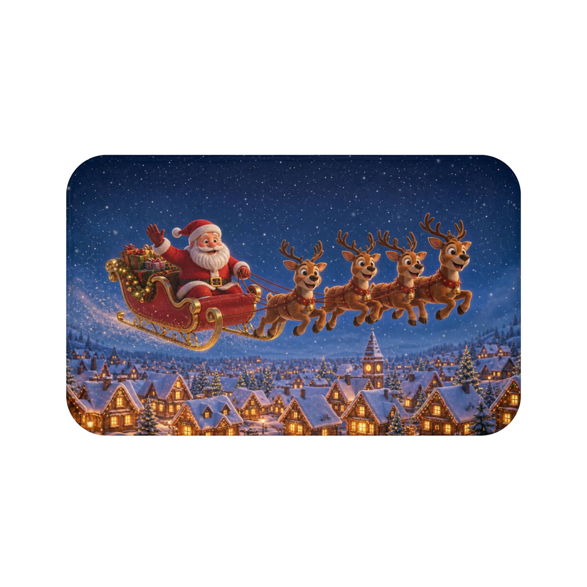 Christmas Santa sleigh bath mat showing Santa and reindeer flying over a snowy village at night, shown on a white background
