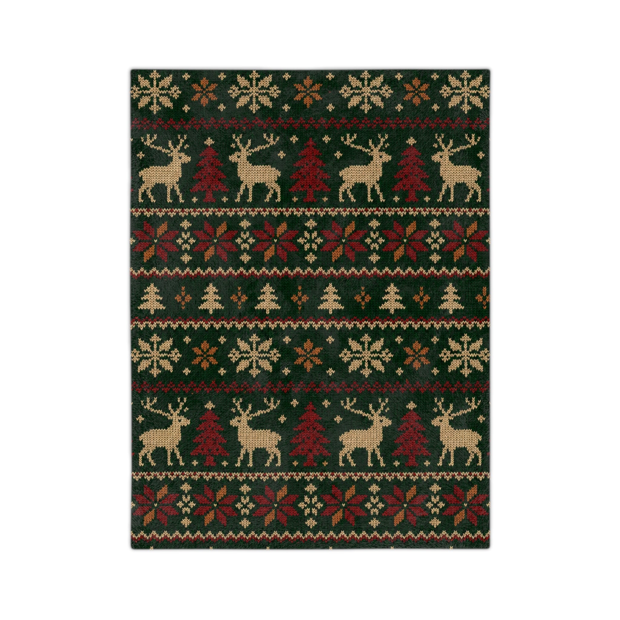 Christmas reindeer velveteen blanket with a green, red and cream Fair Isle knit-pattern with reindeer rows, shown on a white background