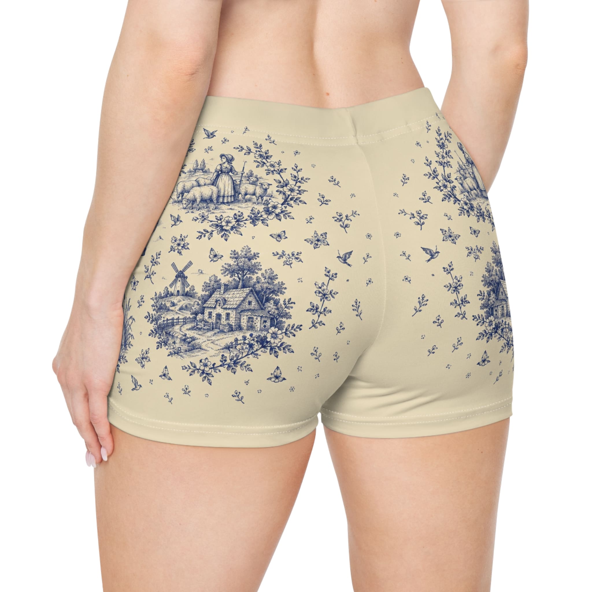 Toile Print Women's Shorts — Vintage Blue Cottage Pattern - Image 2