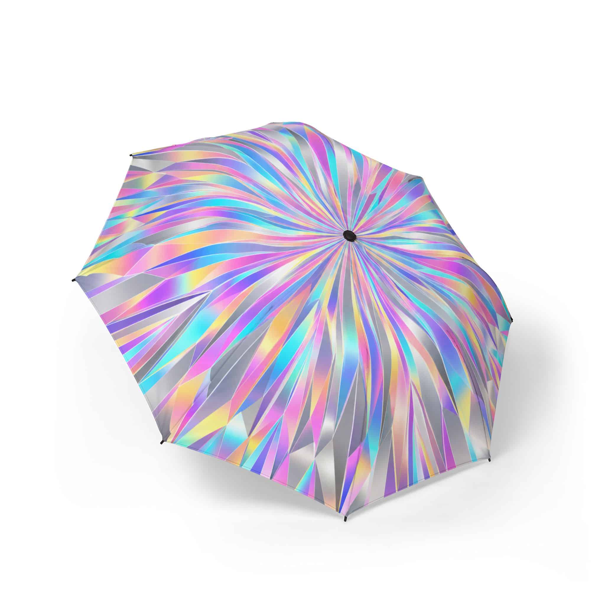 Holographic iridescent burst foldable umbrella with a rainbow prism swirl, shown open on a white background