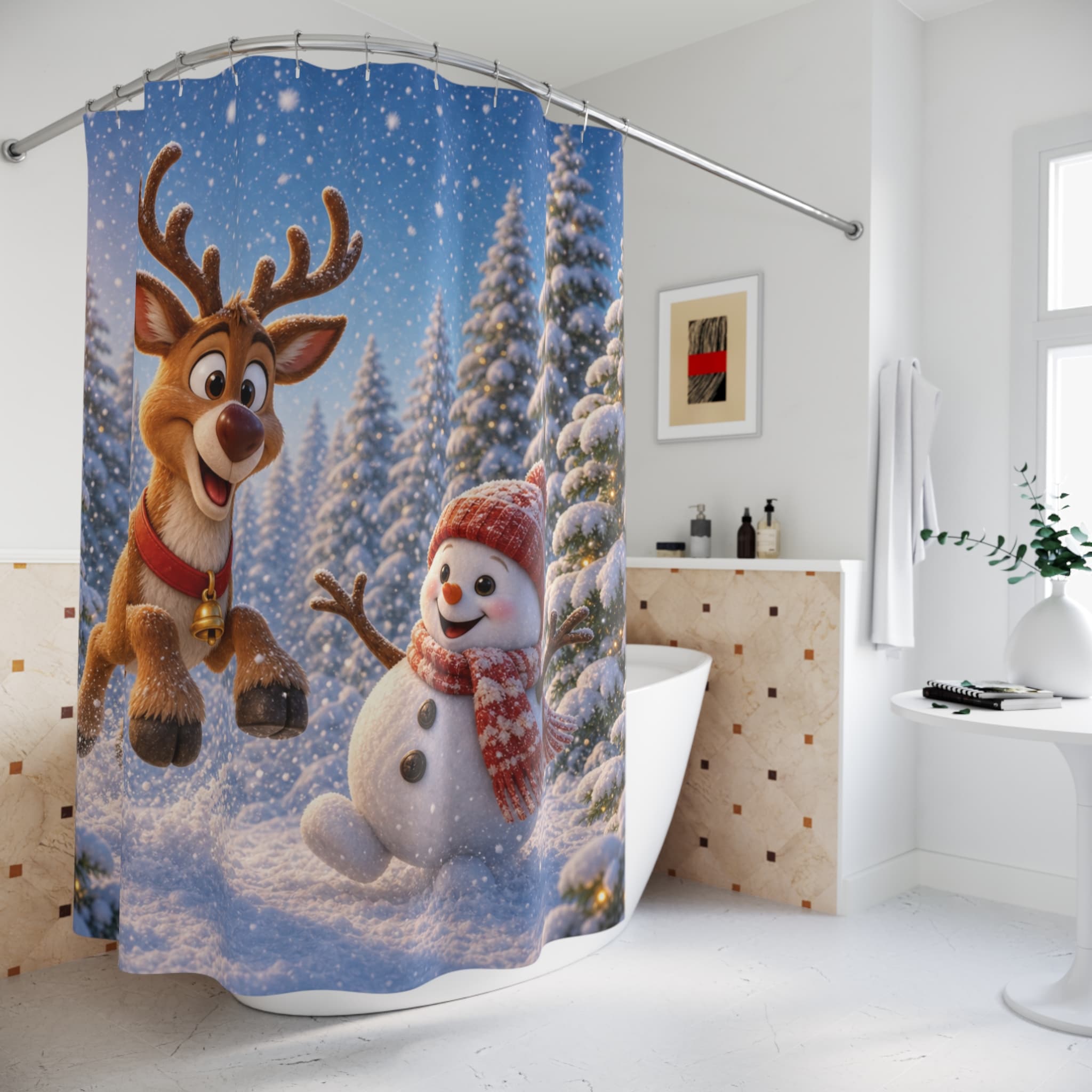 Christmas Reindeer & Snowman Shower Curtain — Festive Holiday Bathroom Decor - Image 4