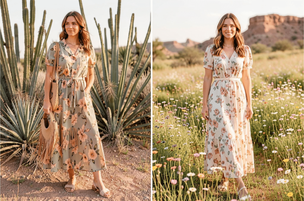Two women in long floral dresses in a desert landscape with agave plants and wildflowers