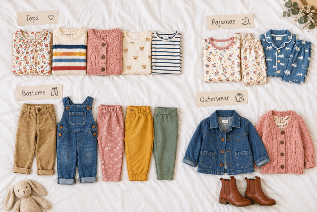 Capsule Wardrobe for Toddlers 1 Flatlay of a toddler capsule wardrobe organized by clothing category