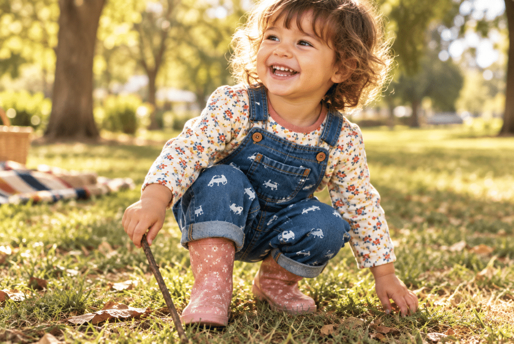 Capsule Wardrobe for Toddlers 2 Toddler playing outside in a durable colorful mix-and-match outfit