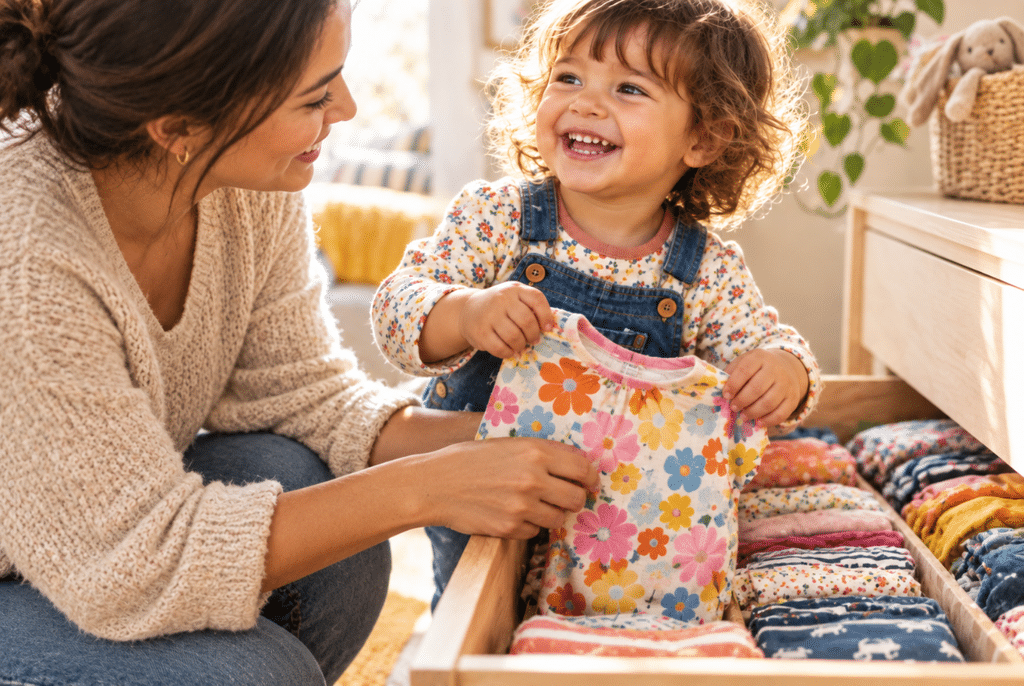 Capsule Wardrobe for Toddlers 3 Toddler in a light seasonal outfit next to folded warm layered clothing