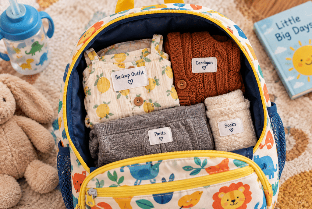 Capsule Wardrobe for Toddlers 5 Labeled backup outfit set packed in a toddler daycare bag