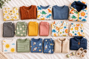 Flat lay of toddler clothes in bright colors and prints folded into rows, with small shoes