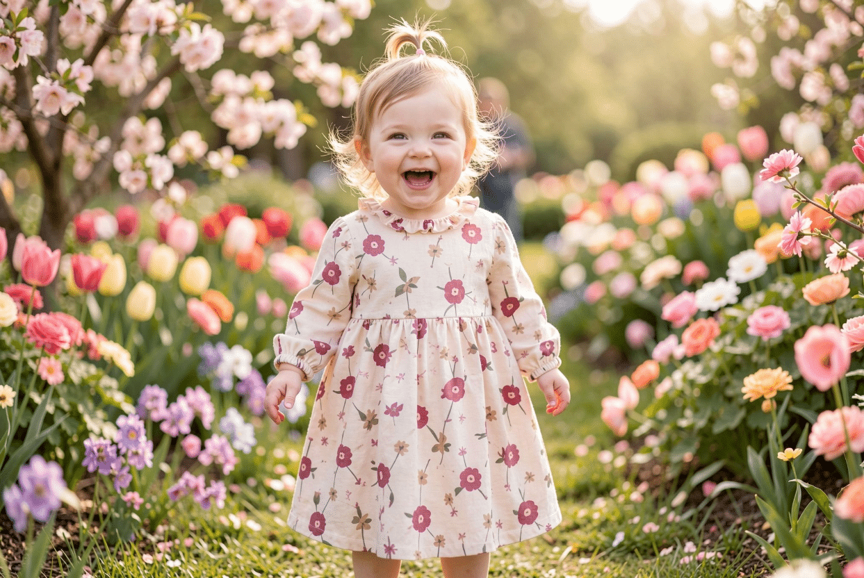 Toddler Floral Print Easter Dress in a Spring Garden Toddler girl in a floral print Easter dress standing in a spring garden with blooming flowers