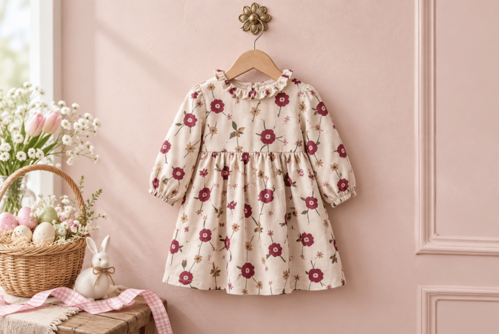 Long-sleeve floral toddler dress on a hanger against a pink wall next to a basket of Easter eggs