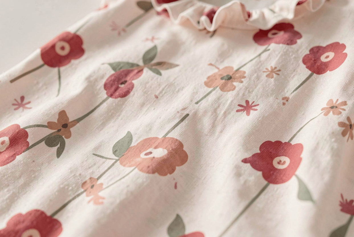 Ditsy Floral Print on Toddler Easter Dress Fabric Close-up of a ditsy floral print on soft cotton jersey fabric for a toddler Easter dress