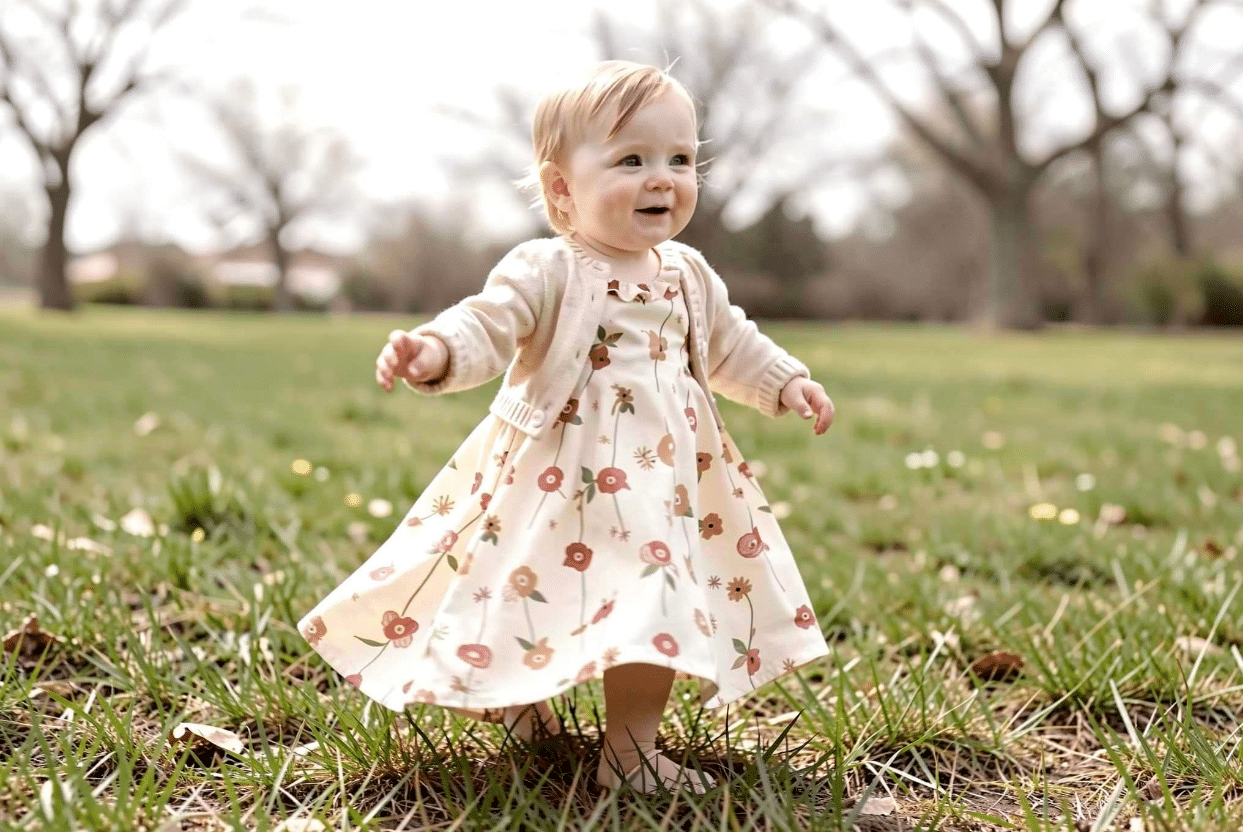 Toddler Playing Outdoors in a Floral Easter Dress Toddler girl playing outdoors in a comfortable stretch floral Easter dress