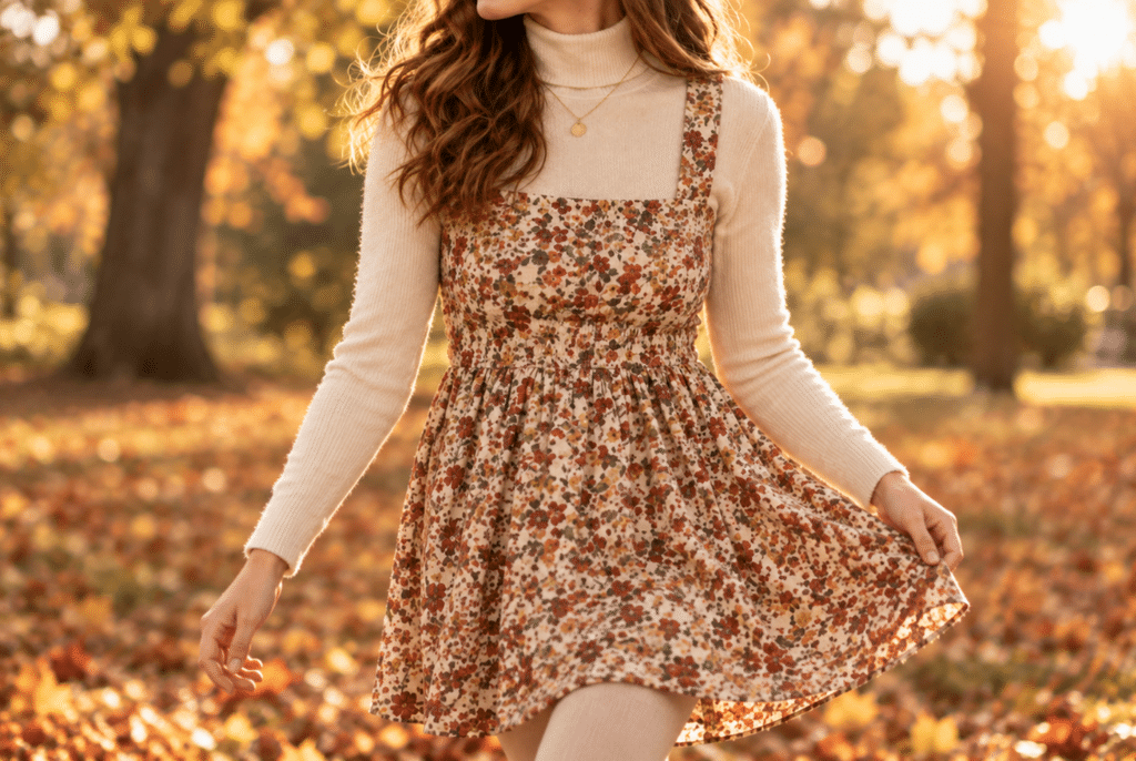How to Layer a Floral Print Dress for Cooler Weather 2 Floral dress paired with a fitted turtleneck layered underneath for warmth