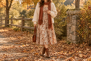 Woman in a floral dress, cream cardigan and orange scarf with brown boots on an autumn path