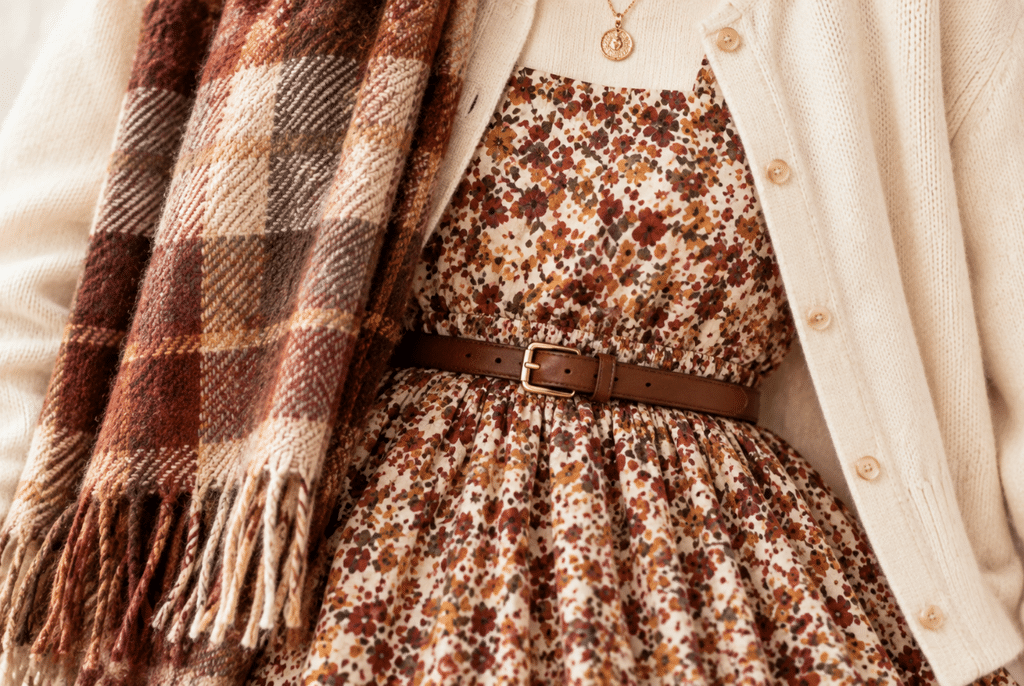 How to Layer a Floral Print Dress for Cooler Weather 4 Three styled outfits showing a floral dress layered differently for casual, dressy, and cold weather