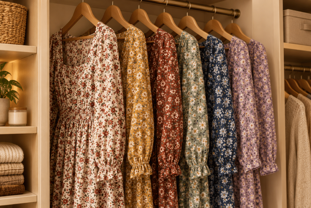 How to Layer a Floral Print Dress for Cooler Weather 5 Scarf and belt accessorizing a layered floral print dress outfit