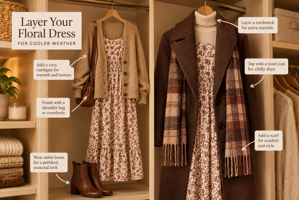 How to Layer a Floral Print Dress for Cooler Weather 6 Floral print dresses hanging in a closet away from direct sunlight