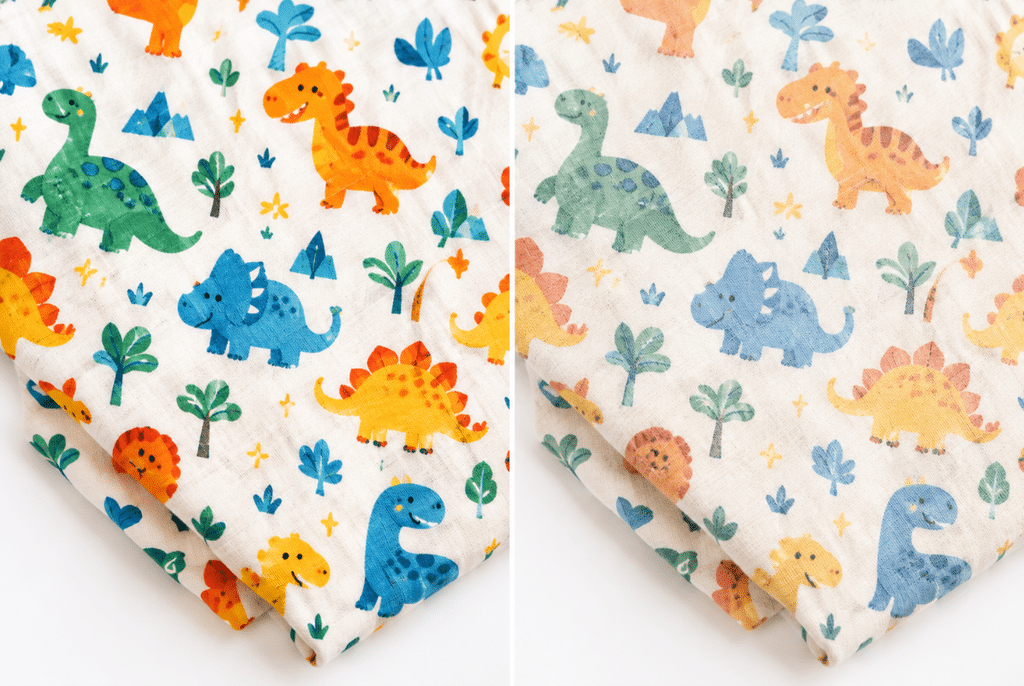 How to Stop Printed Clothing From Fading in the Wash 1 Vibrant printed fabric shown next to a faded, washed-out version of the same print