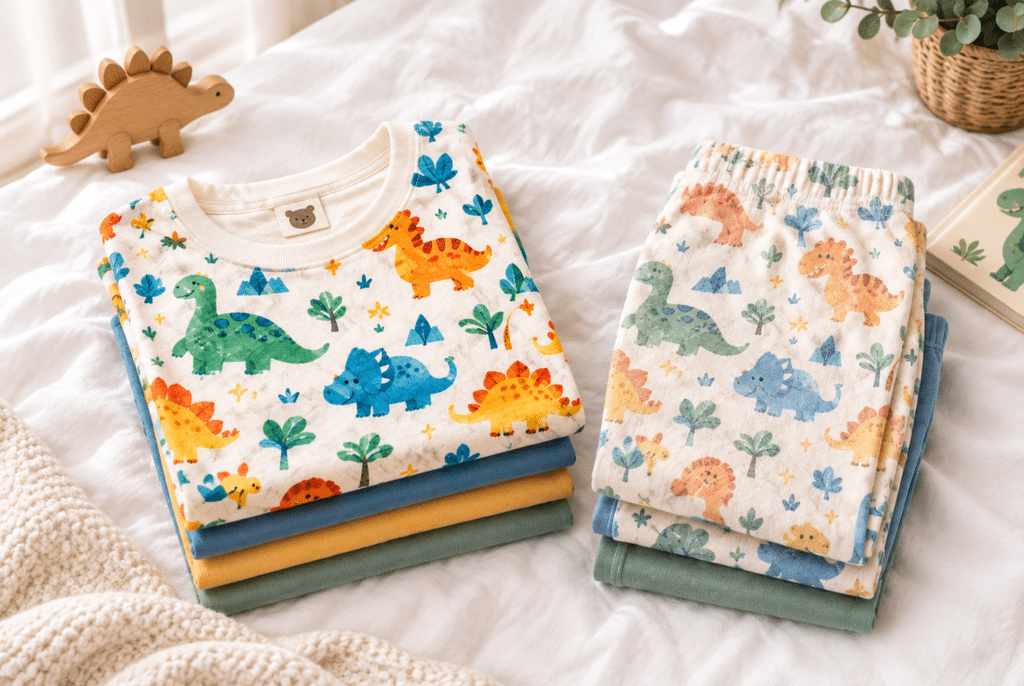 How to Stop Printed Clothing From Fading in the Wash 2 Parent folding a stack of colorful printed kids t-shirts on a bed