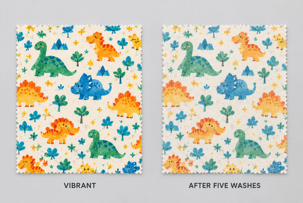How to Stop Printed Clothing From Fading in the Wash 4 Two printed fabric swatches comparing vibrant color to faded color after washing