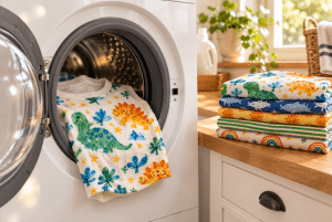 Dinosaur print kids shirt in an open washing machine next to a stack of folded colorful fabrics