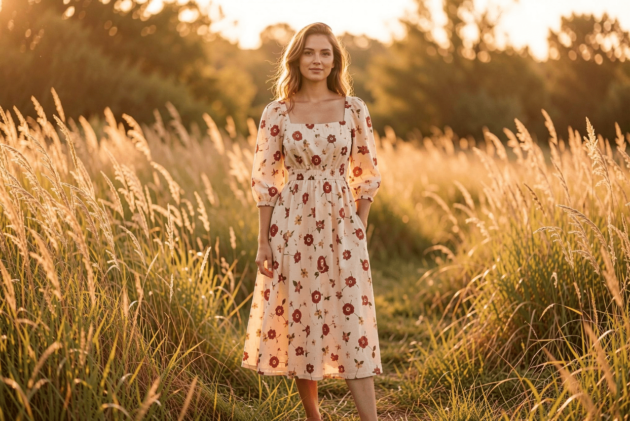 Floral Midi Dress Styled for Year-Round Wear Woman wearing a floral midi dress styled for year-round wear