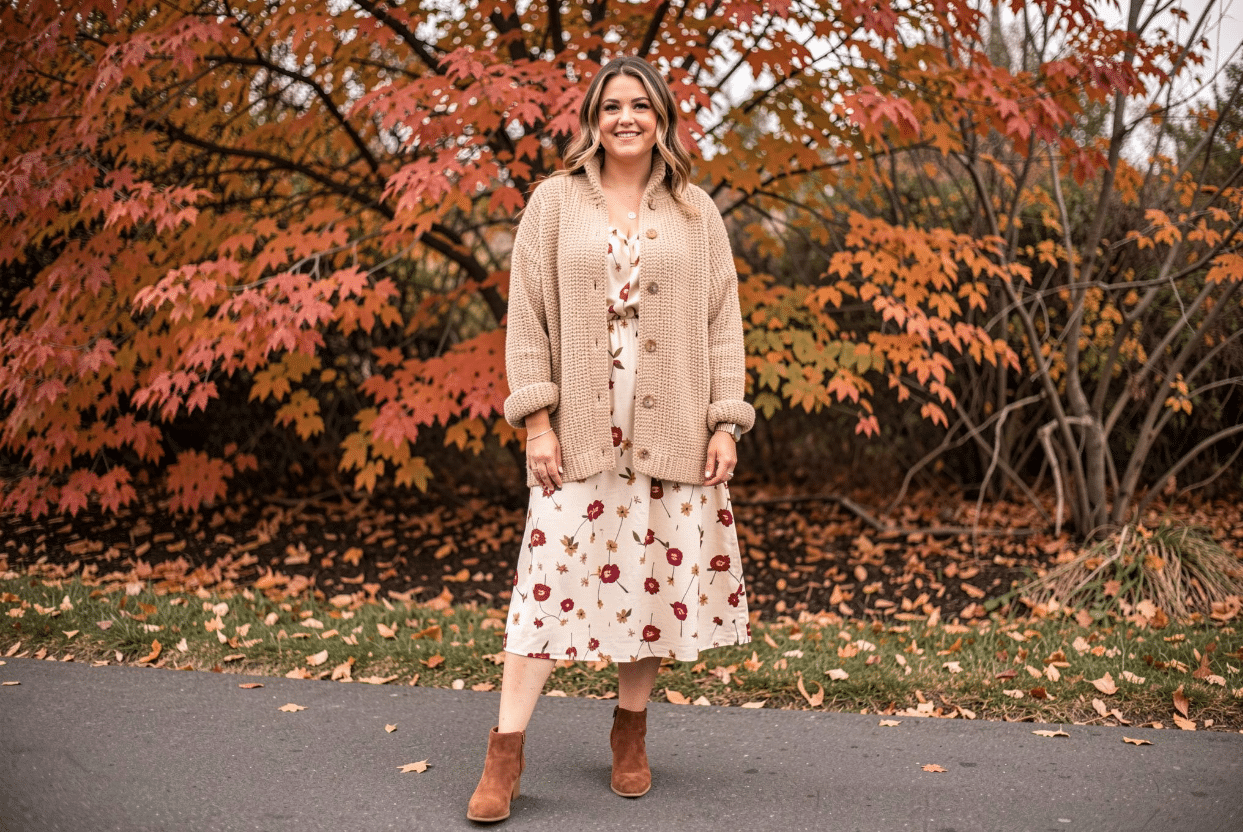 Floral Midi Dress Layered for Winter Floral midi dress layered with tights and a coat for winter styling