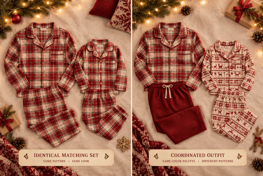 Mommy and Me Christmas Pajama Outfits That Actually Match 1 Mother and child in coordinated but not identical Christmas pajamas