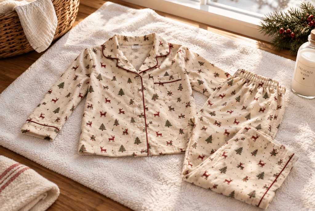 Mommy and Me Christmas Pajama Outfits That Actually Match 4 Parent managing a toddler during a Christmas pajama photo session