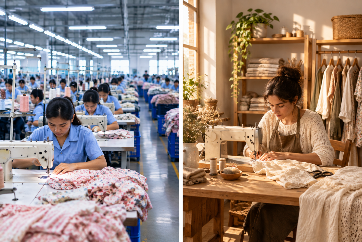 Slow Fashion vs. Fast Fashion What’s the Real Difference A Beginner’s Guide 1 Comparison of fast fashion and slow fashion clothing racks side by side