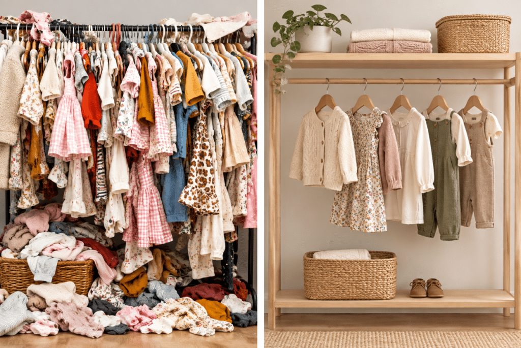 Two closets compared: an overflowing rack of kids clothes and a small tidy rack of coordinated pieces