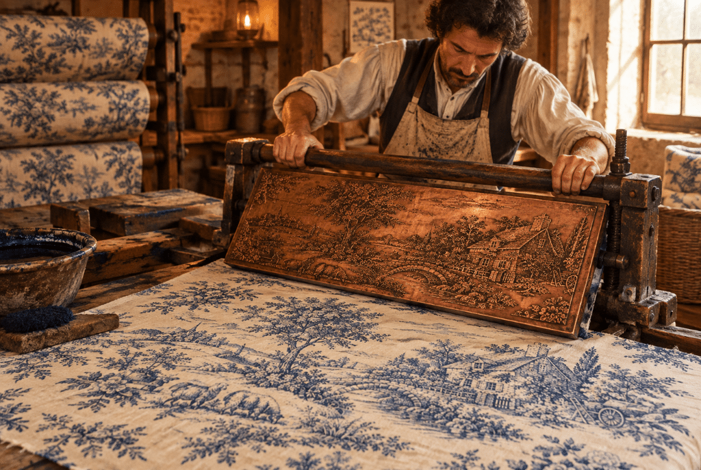 What Is Toile Print The French Pattern Making a Comeback 1 Vintage-style toile print fabric in a classic colorway