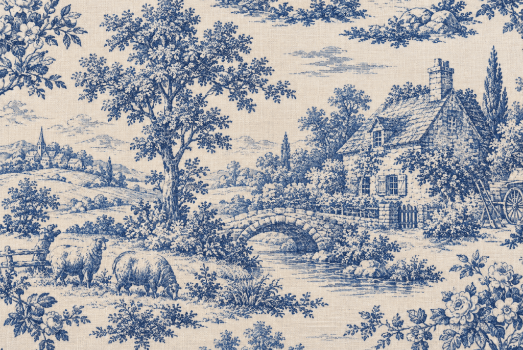 Blue and white toile print showing a countryside cottage, a stone bridge and sheep on cream fabric