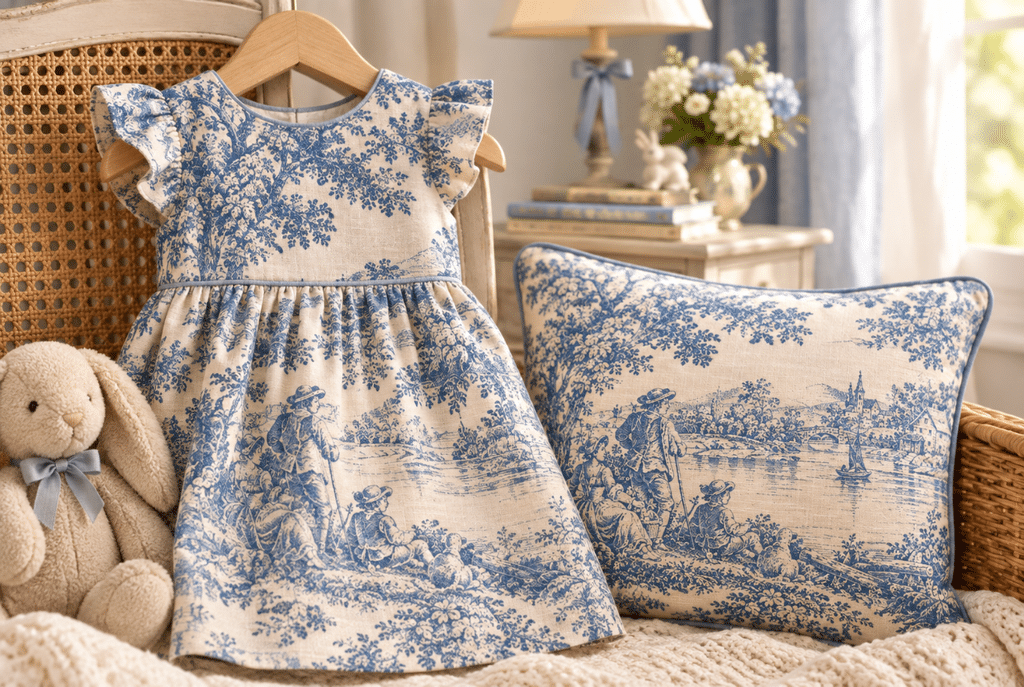 What Is Toile Print The French Pattern Making a Comeback 3 Toile print mixed with other patterns in a styled outfit