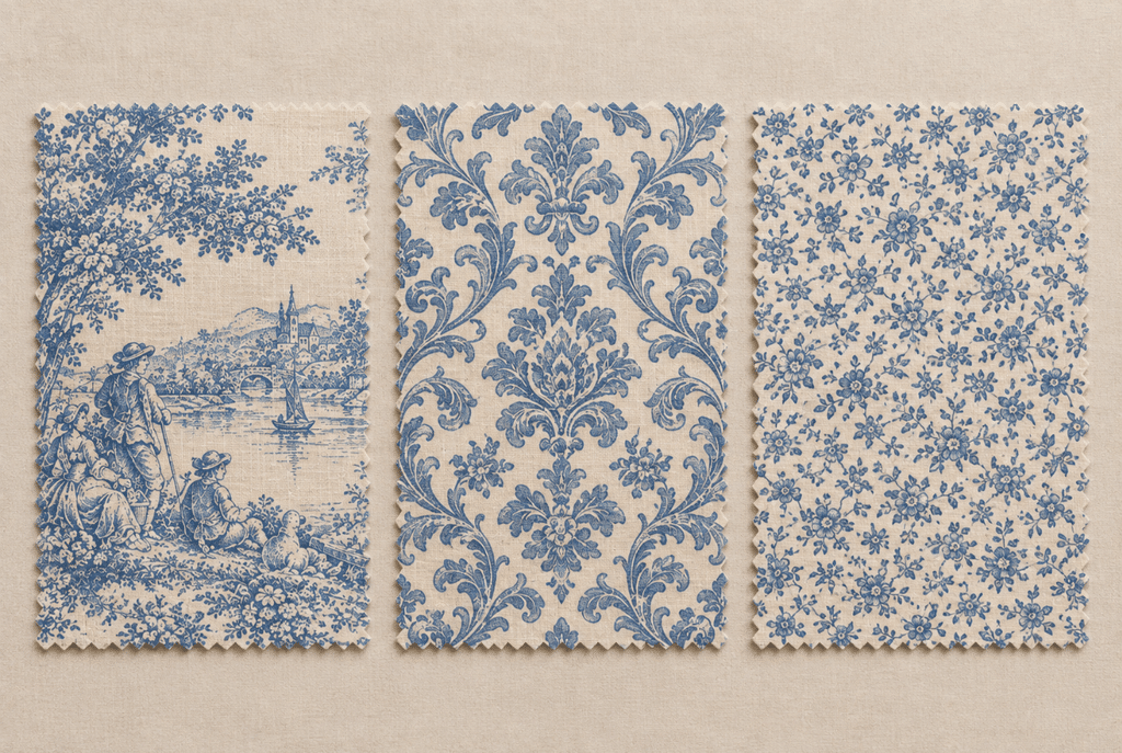 What Is Toile Print The French Pattern Making a Comeback 4 Close-up of fine linework detail in a toile print fabric