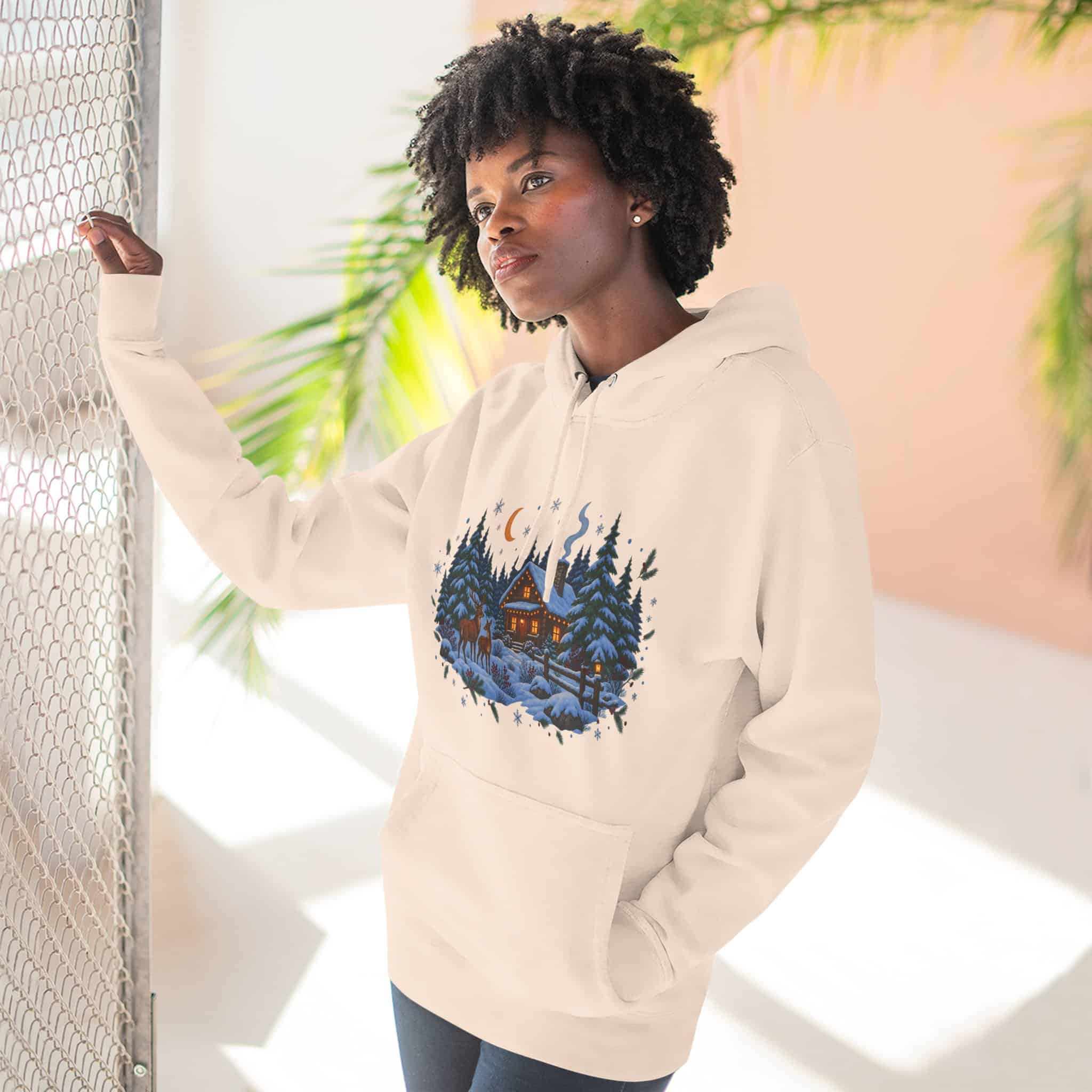 Woodland Winter Cabin Hoodie - Cozy Christmas Forest Stag Pine Trees Snowy Cabin Hoodie - Image 16