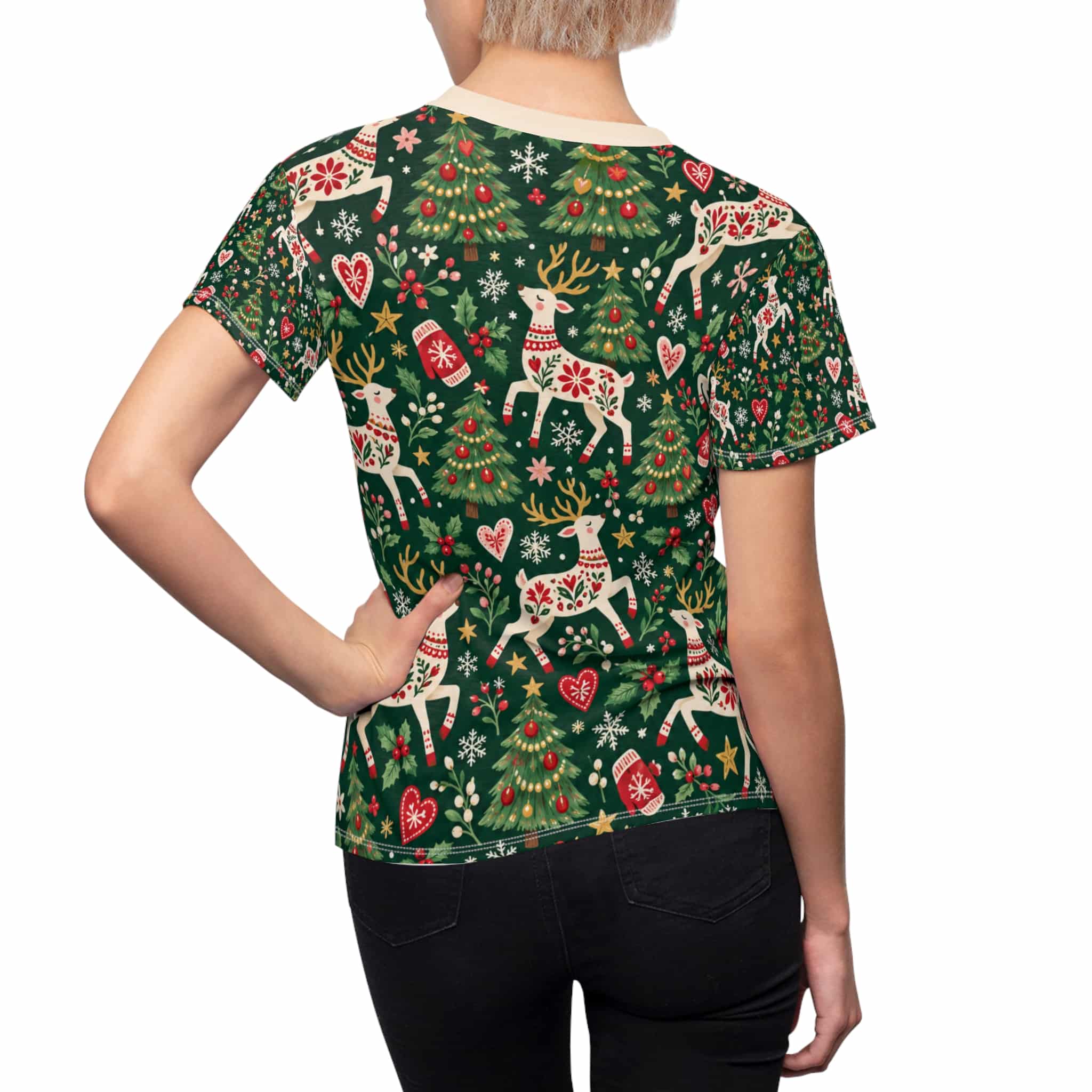 Coquette Christmas Bows Tee, Blush Pink Holiday Women's Festive Print Shirt - Image 2