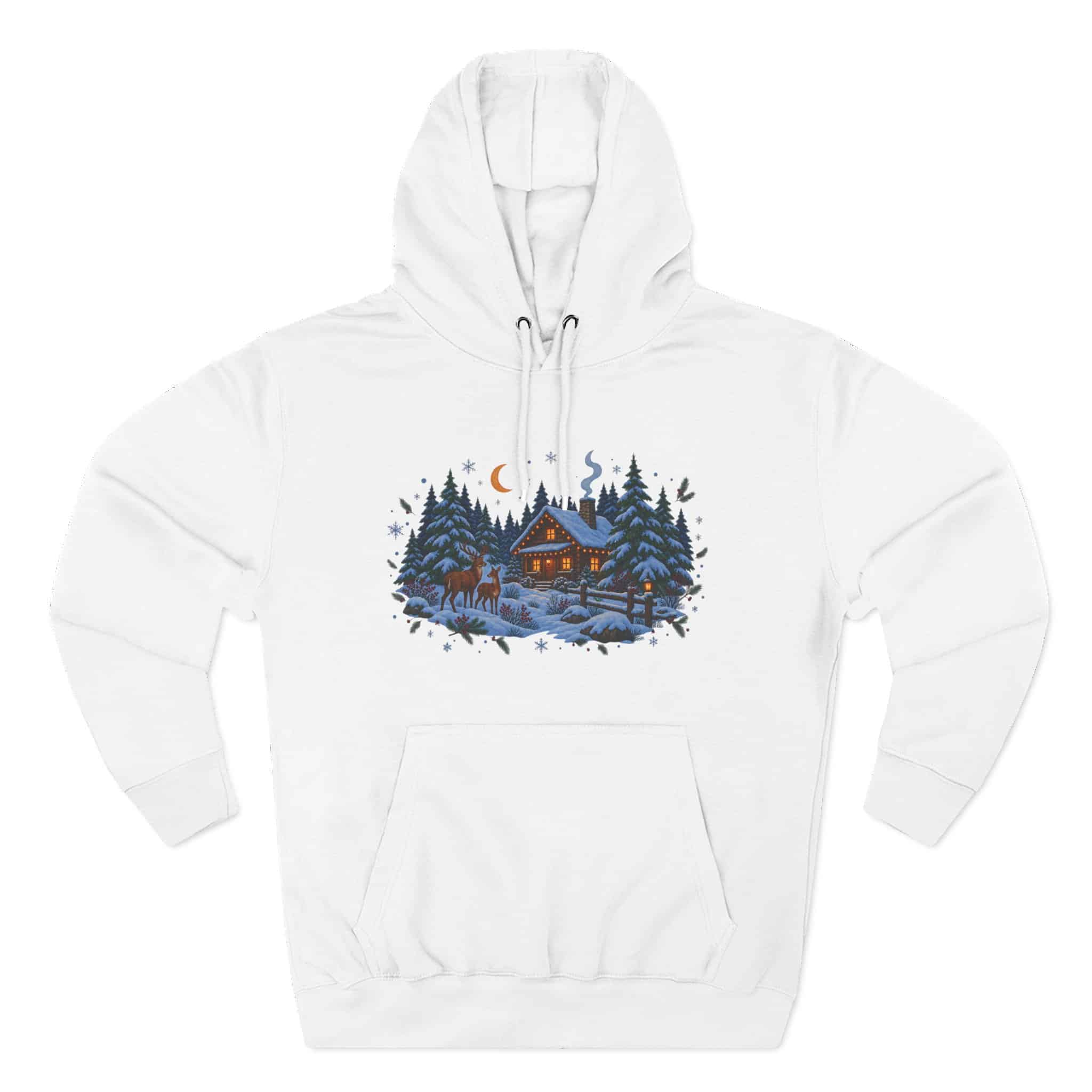 Woodland Winter Cabin Hoodie - Cozy Christmas Forest Stag Pine Trees Snowy Cabin Hoodie - Image 3