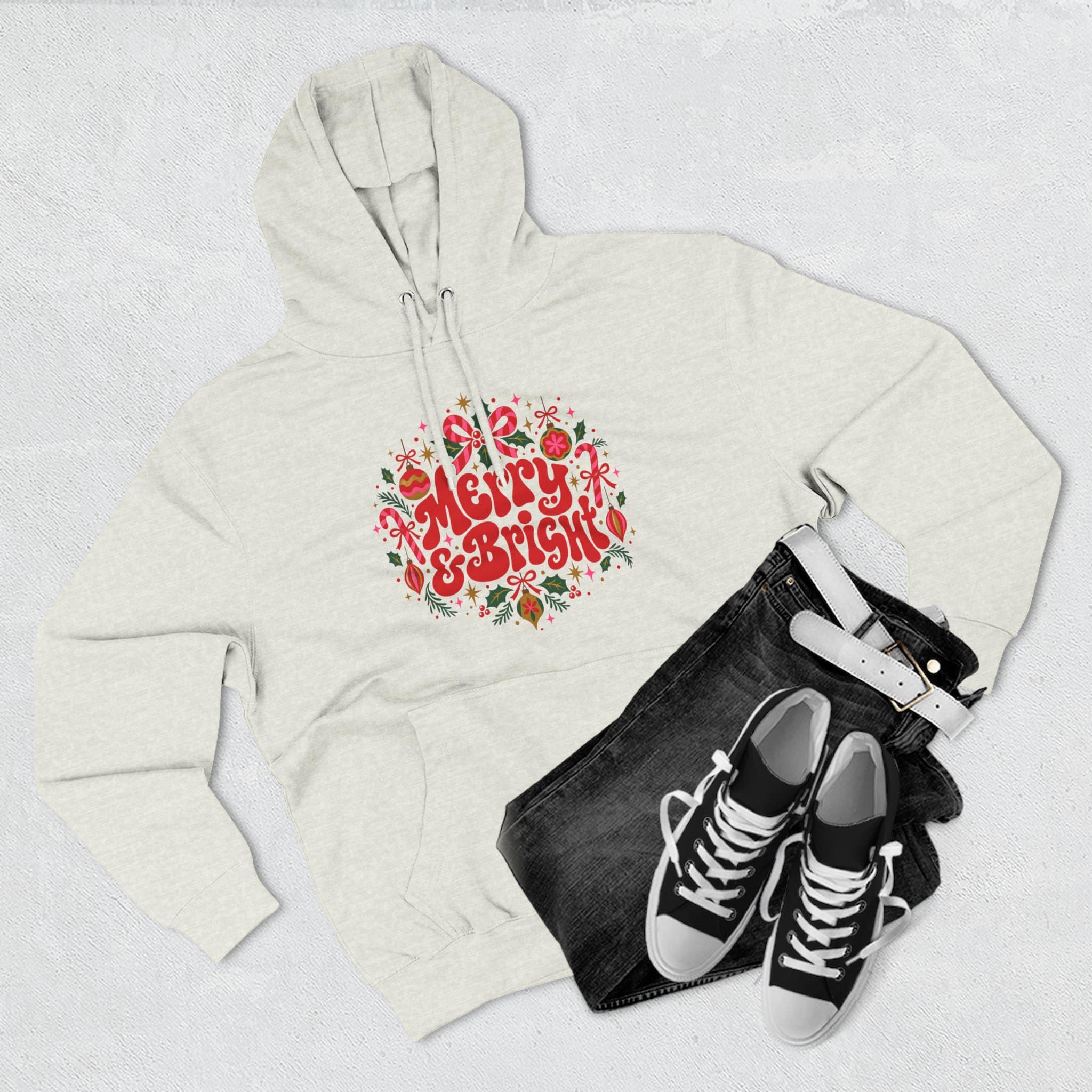 Merry and Bright Christmas Hoodie - Retro Groovy Holiday Ornaments Candy Cane Christmas Hoodie - Image 22