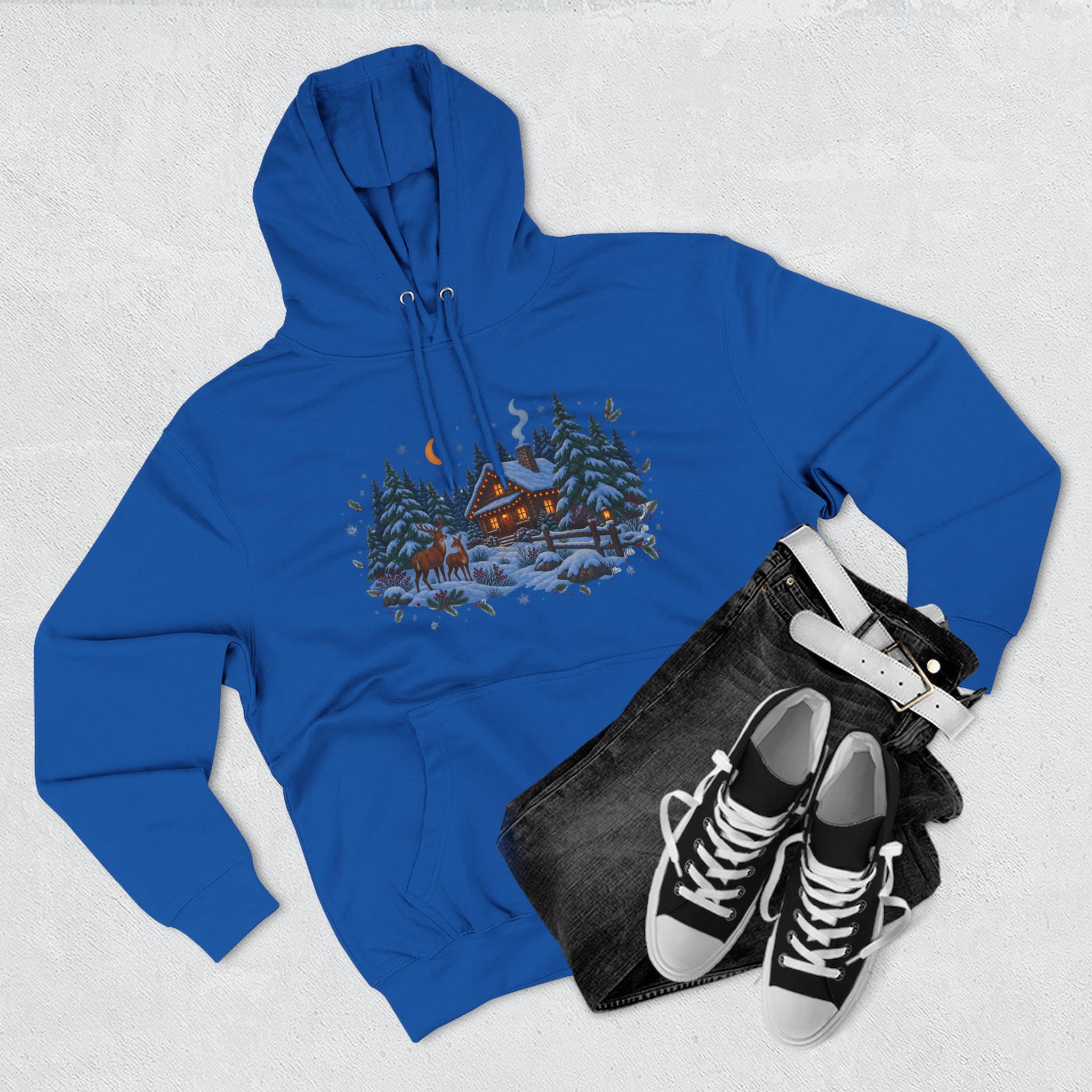 Woodland Winter Cabin Hoodie - Cozy Christmas Forest Stag Pine Trees Snowy Cabin Hoodie - Image 27