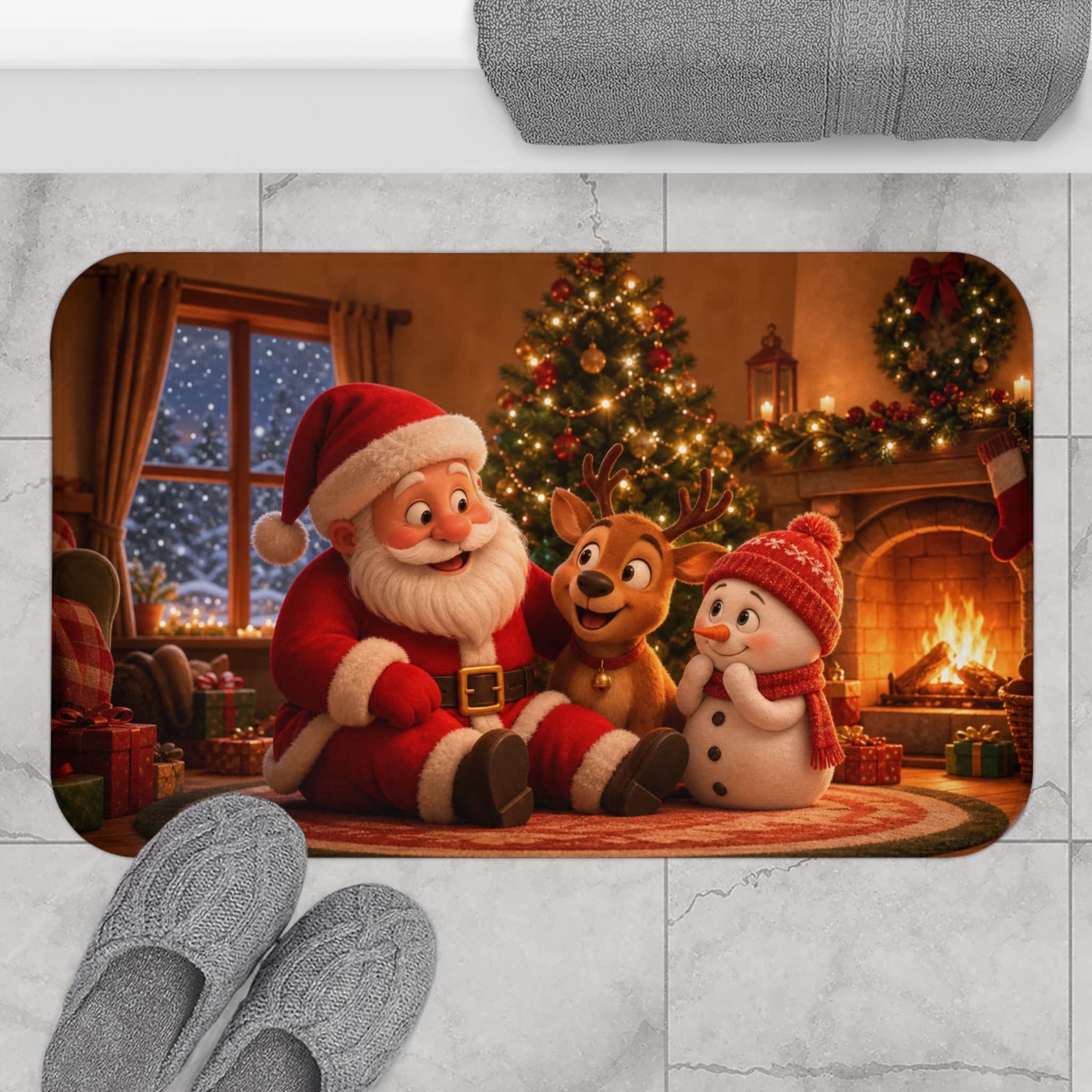 Christmas Santa & Friends Bath Mat - Festive Holiday Bathroom Rug with Santa, Reindeer & Snowman - Image 5