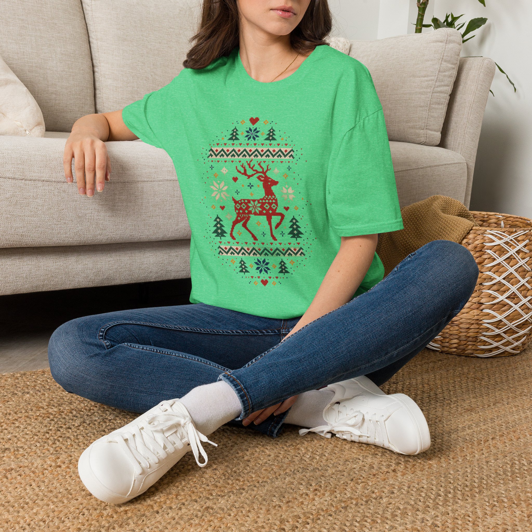 Fair Isle Reindeer Unisex Softstyle T-Shirt - Knit-Look Christmas Graphic Tee - Image 22