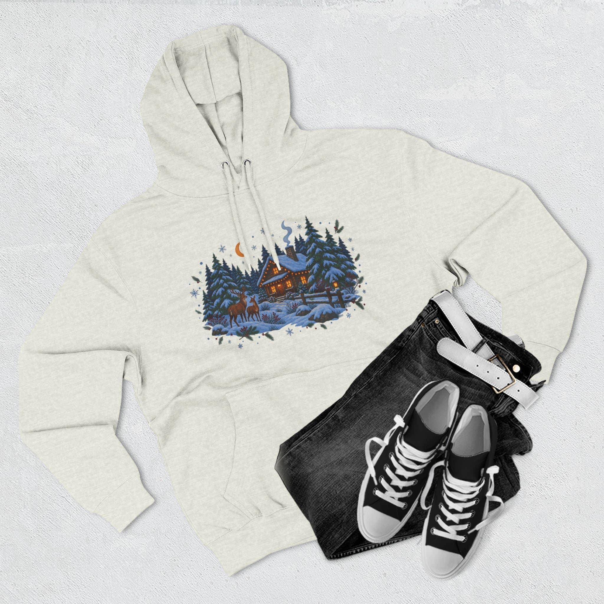 Woodland Winter Cabin Hoodie - Cozy Christmas Forest Stag Pine Trees Snowy Cabin Hoodie - Image 22