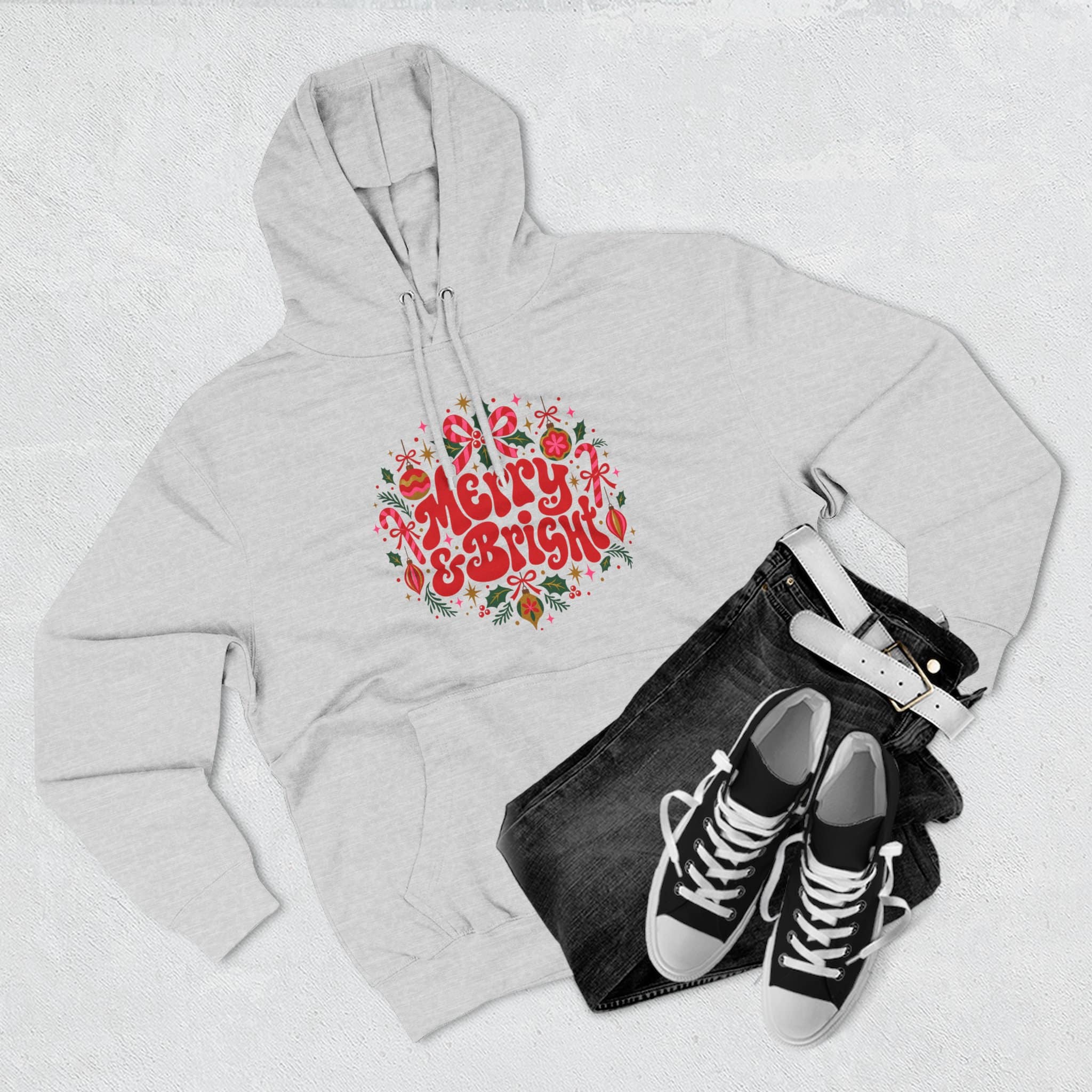 Merry and Bright Christmas Hoodie - Retro Groovy Holiday Ornaments Candy Cane Christmas Hoodie - Image 7