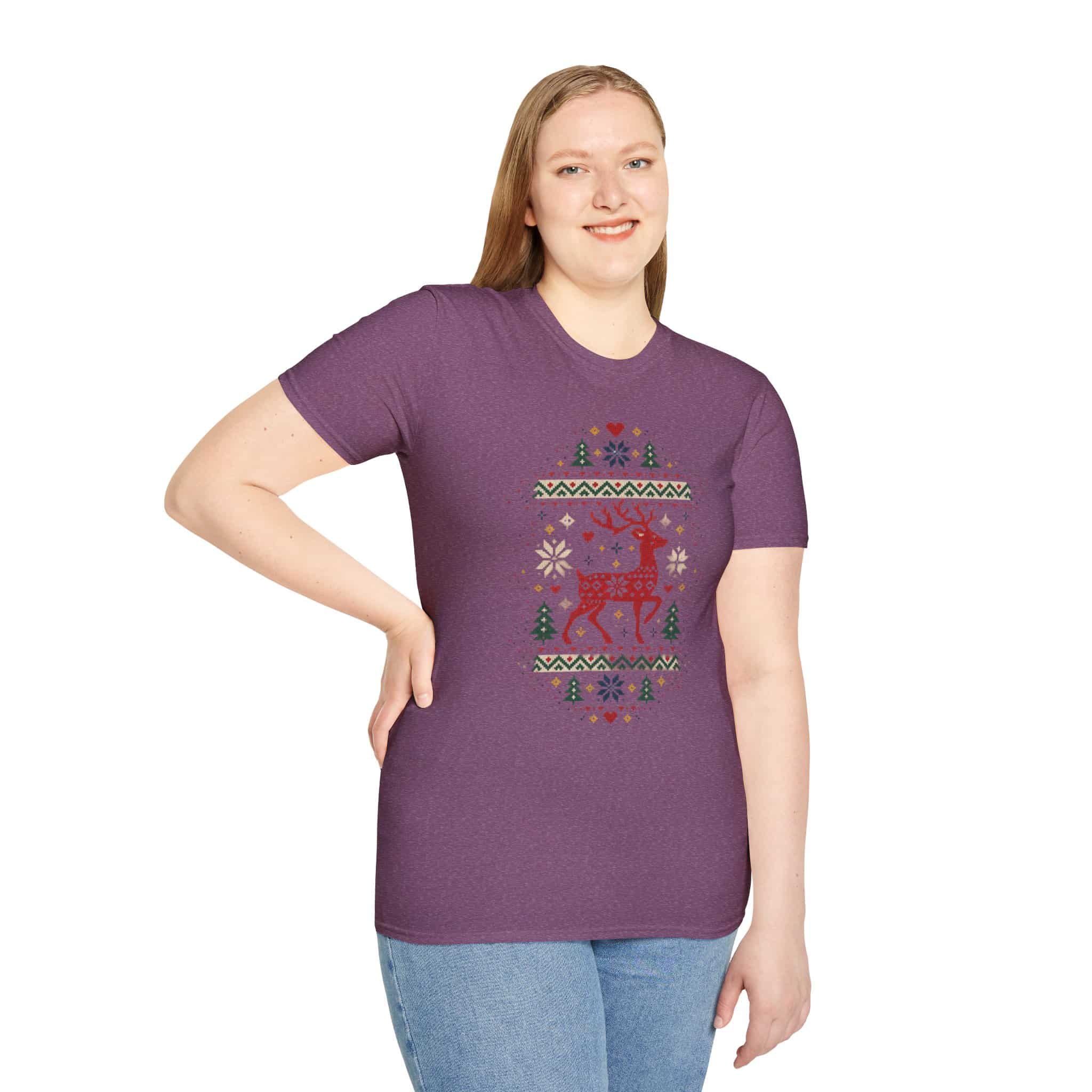 Fair Isle Reindeer Unisex Softstyle T-Shirt - Knit-Look Christmas Graphic Tee - Image 33