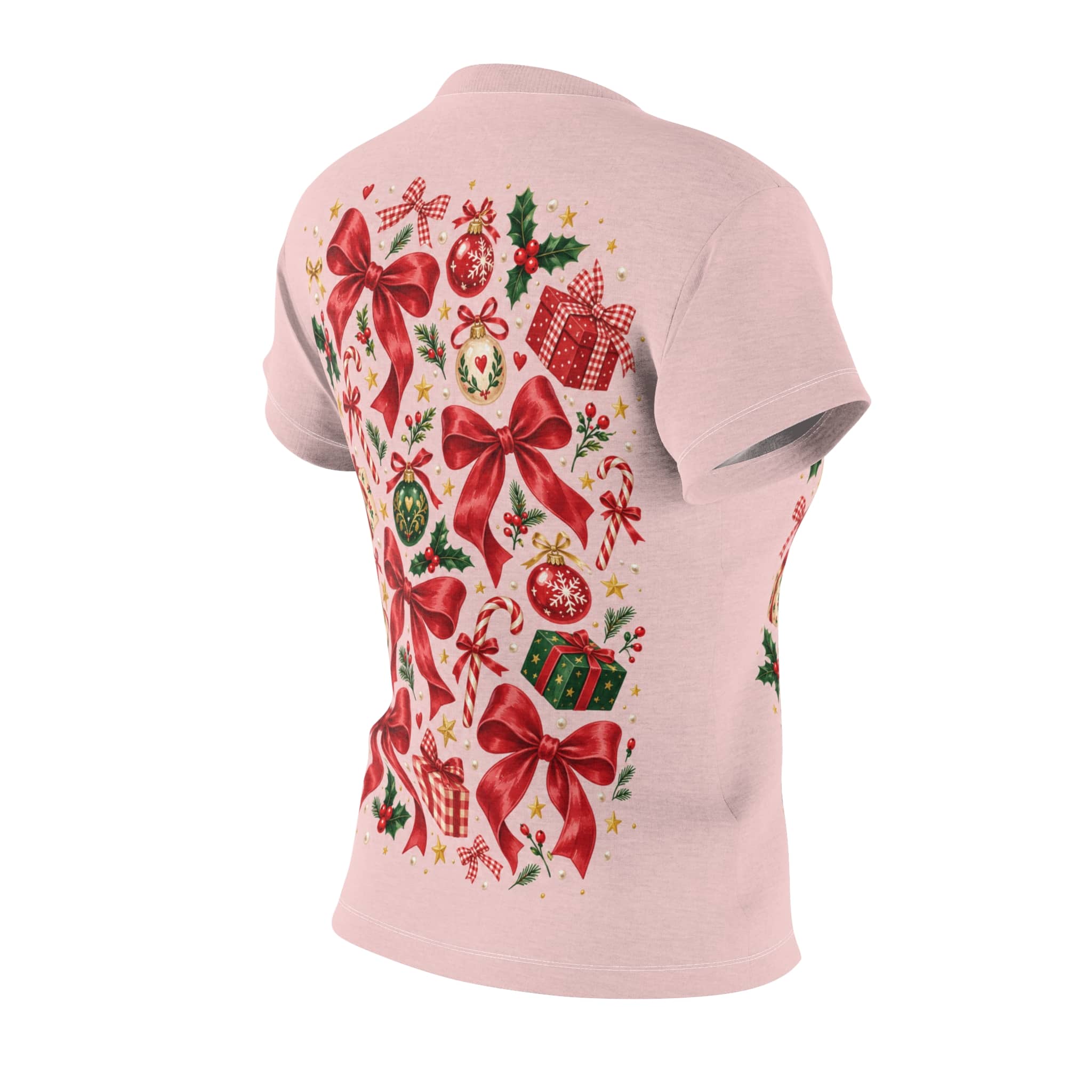 Women’s Tee Pink Christmas Bows & Ornaments Shirt - Image 5
