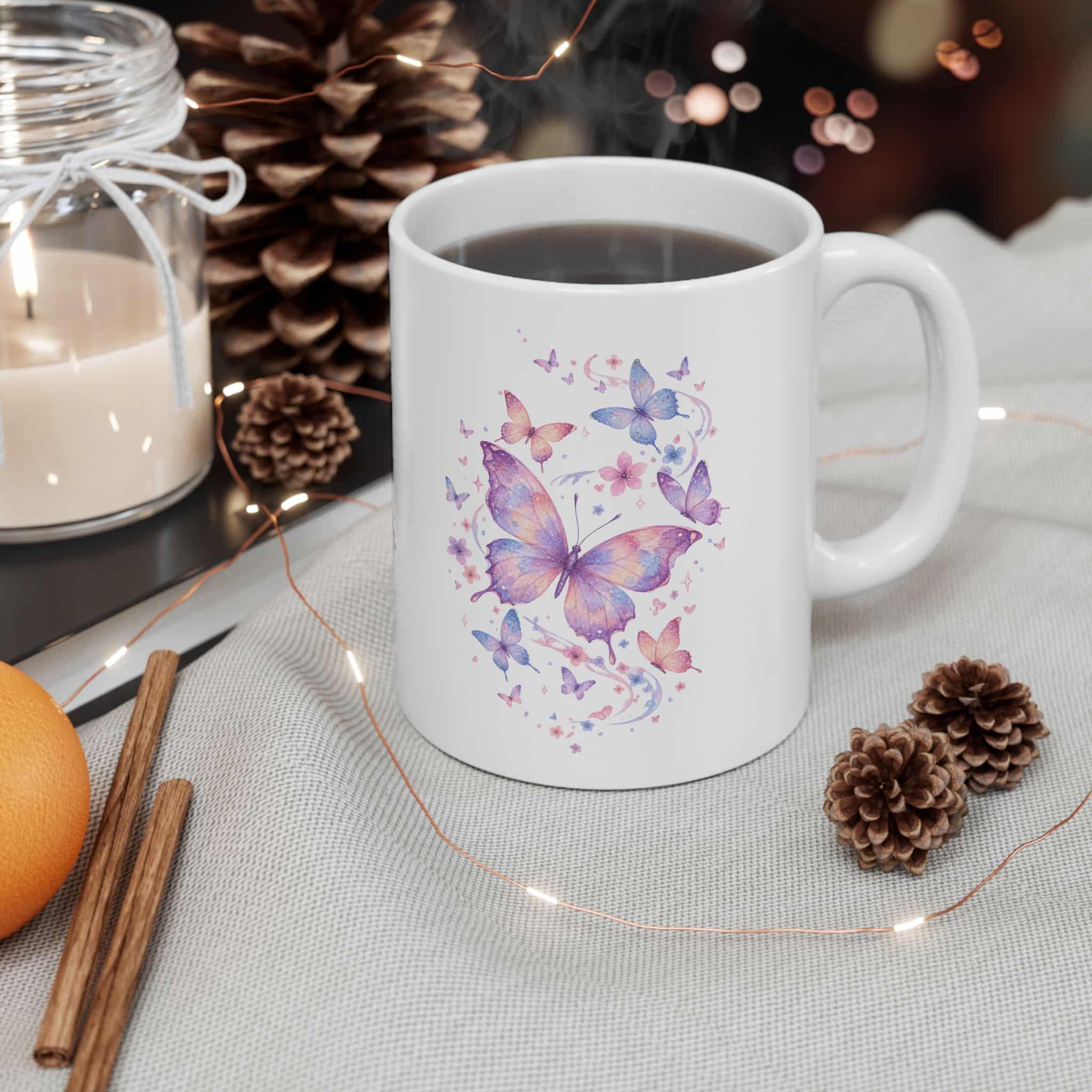 Purple Butterfly Watercolor Ceramic Mug — Soft Floral Coffee Cup (11oz/15oz)